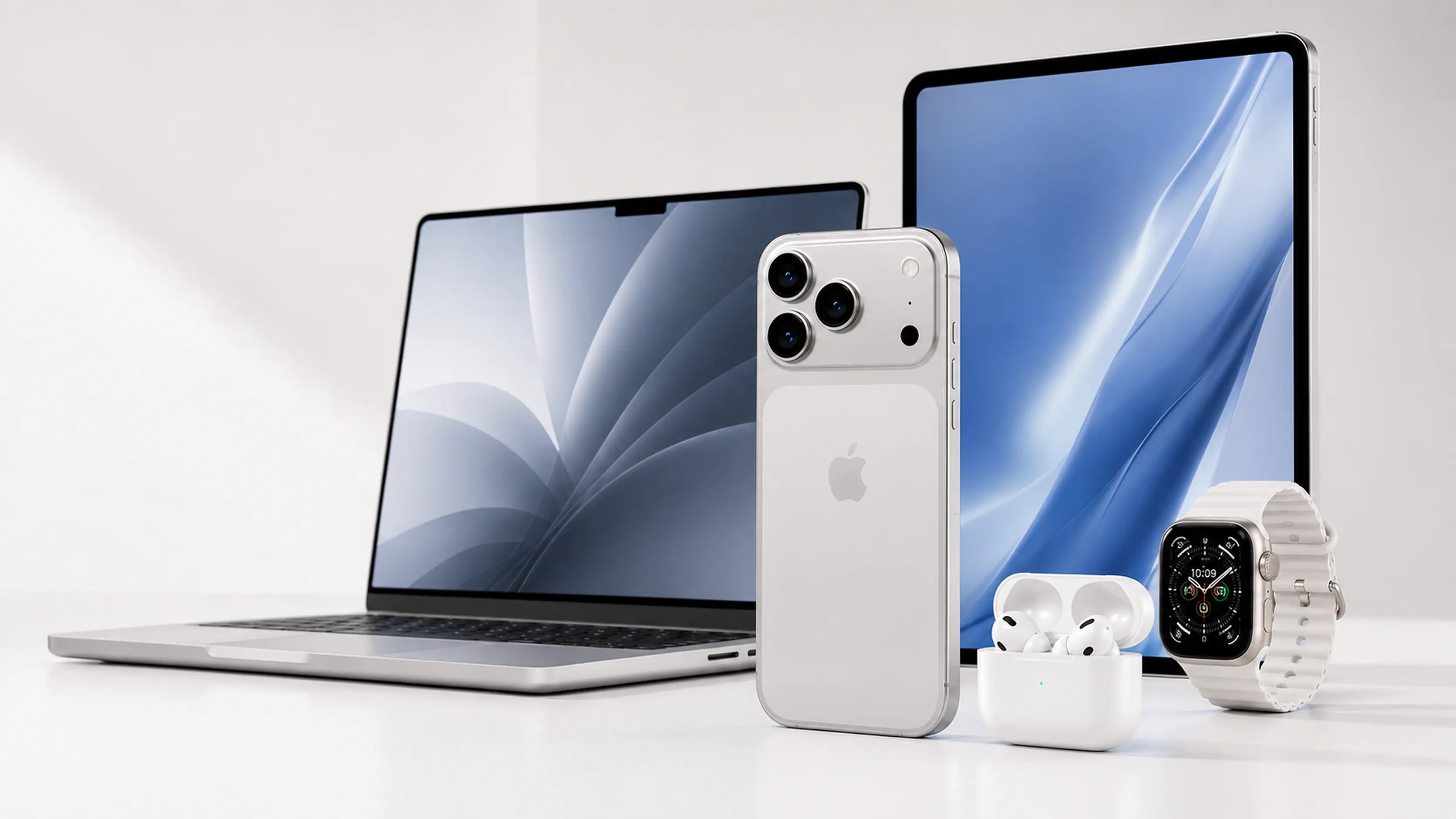 Seleção editorial com MacBook, iPhone, iPad, AirPods e Apple Watch